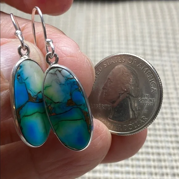 PEACOCK DAHLIA TURQUOISE EARRINGS In Solid Sterling Silver 925 - Picture 6 of 6